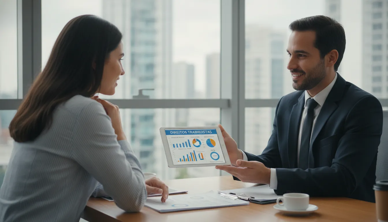 Advogado orientando trabalhador sobre direitos trabalhistas sem carteira assinada.