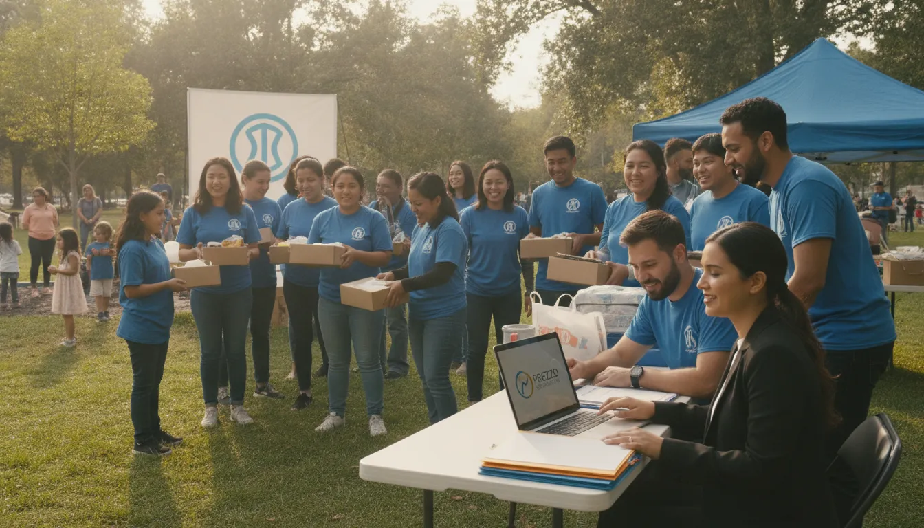 Voluntários trabalham na comunidade, enquanto especialista gerencia o nonprofit bookkeeping service, garantindo sustentabilidade.