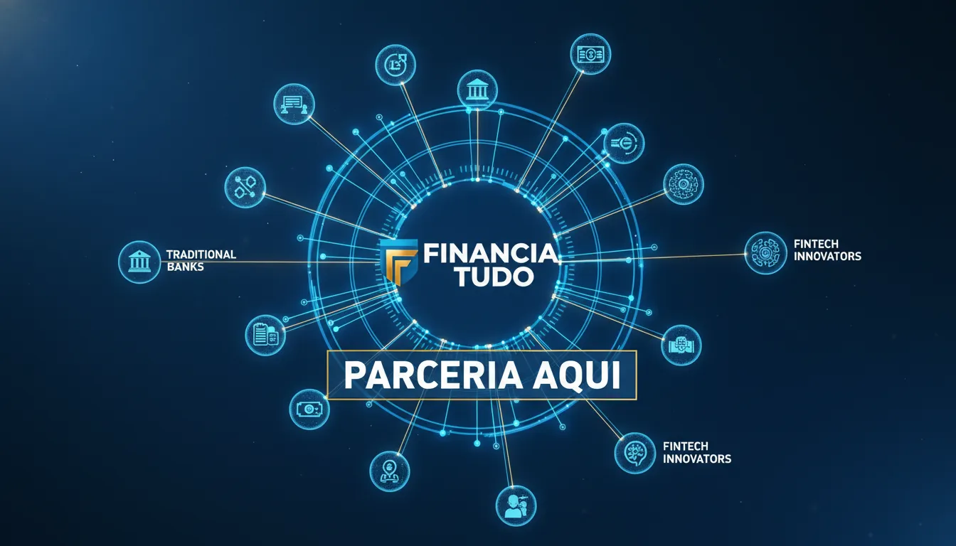 Rede de conexões representando parceria com fintechs, com o logo da Financia Tudo no centro.