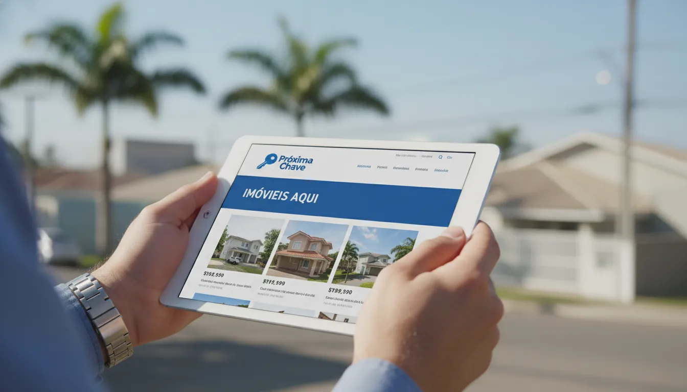 Pesquisa de imóveis em josé bonifácio sp facilitada pela Próxima Chave, demonstrada em um tablet com interface intuitiva e diversas opções de casas e apartamentos.