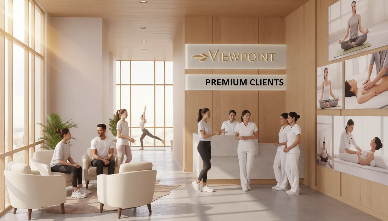 Clínica de bem-estar com clientes satisfeitos e serviços de alta qualidade, simbolizando a eficácia das mensagens para whatsapp e o posicionamento premium da Viewpoint.