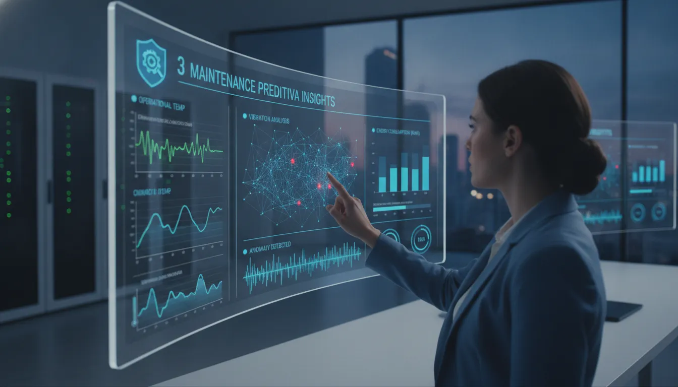 Painel de controle exibe dados de sensores IoT, otimizando a manutenção preditiva com análises em tempo real.