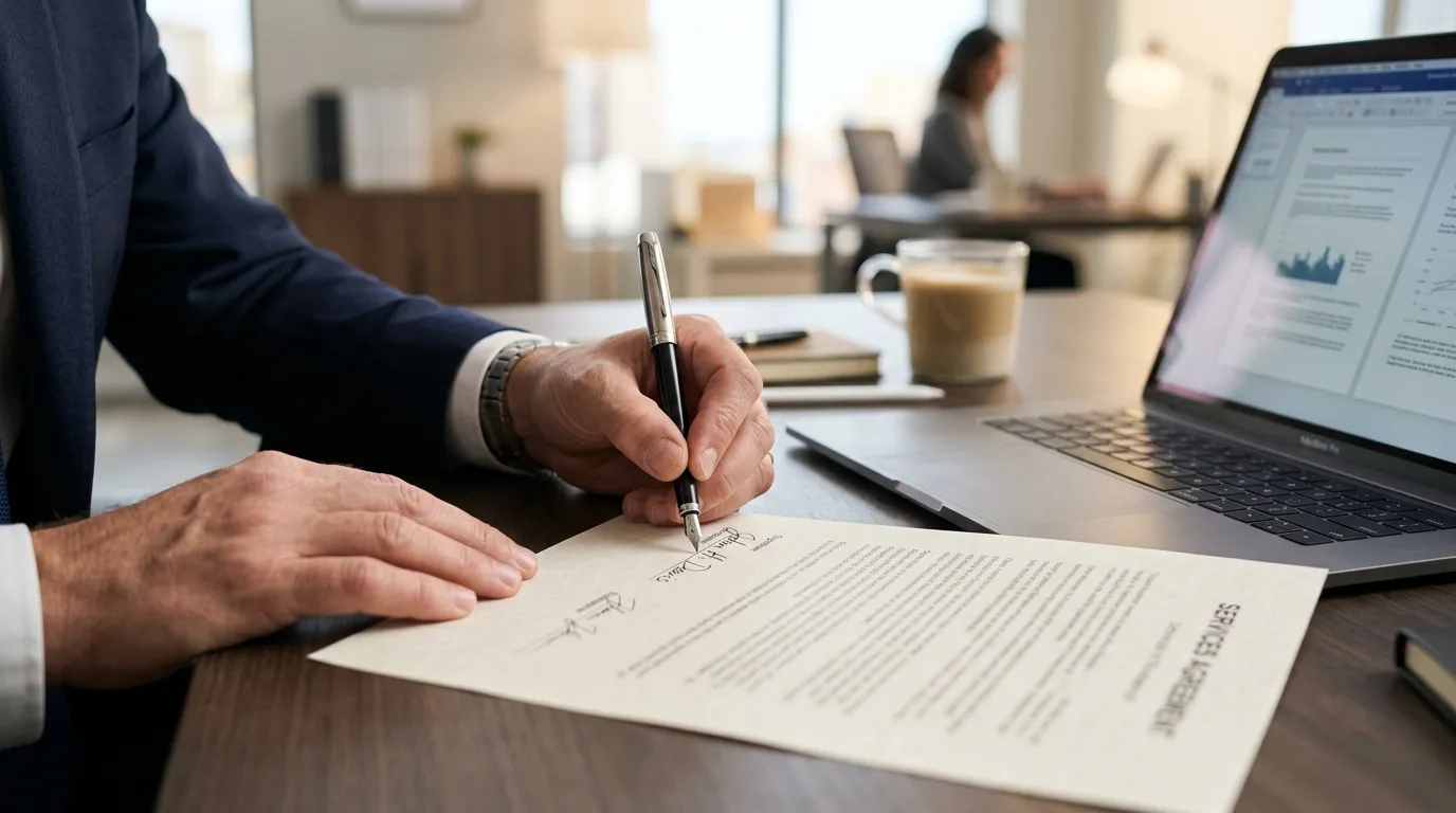 Assinatura de contrato de crédito utilizando imóvel comercial como garantia com segurança.
