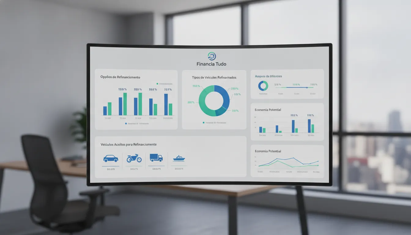 Interface digital Financia Tudo exibe opções de refinanciamento, detalhando veículos aceitos e condições.