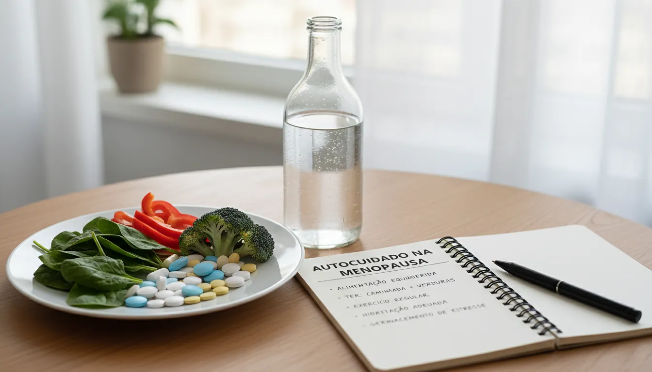 Mesa com opções de tratamento e alimentos saudáveis refletindo autocuidado na menopausa.