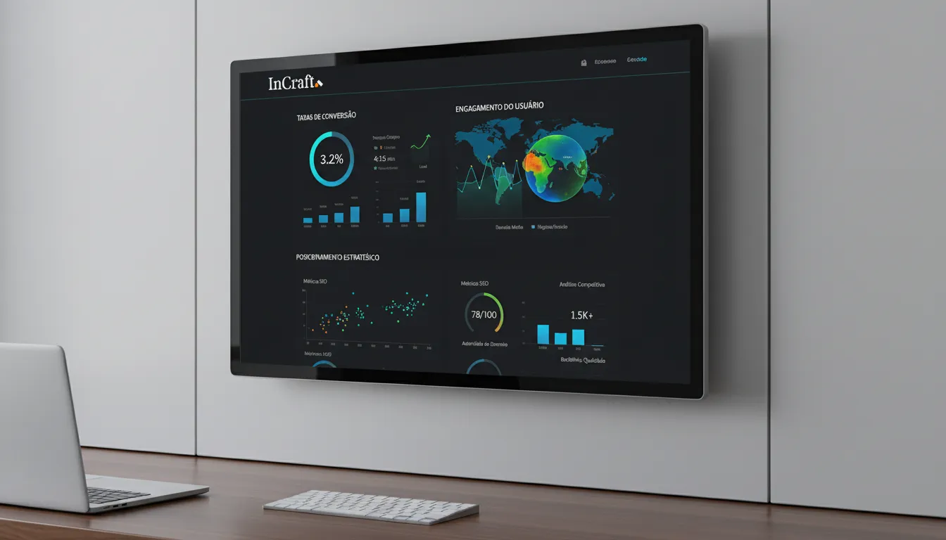Dashboard mostrando métricas de performance de sites, conversão e engajamento, refletindo o desenvolvimento estratégico da InCraft Digital.