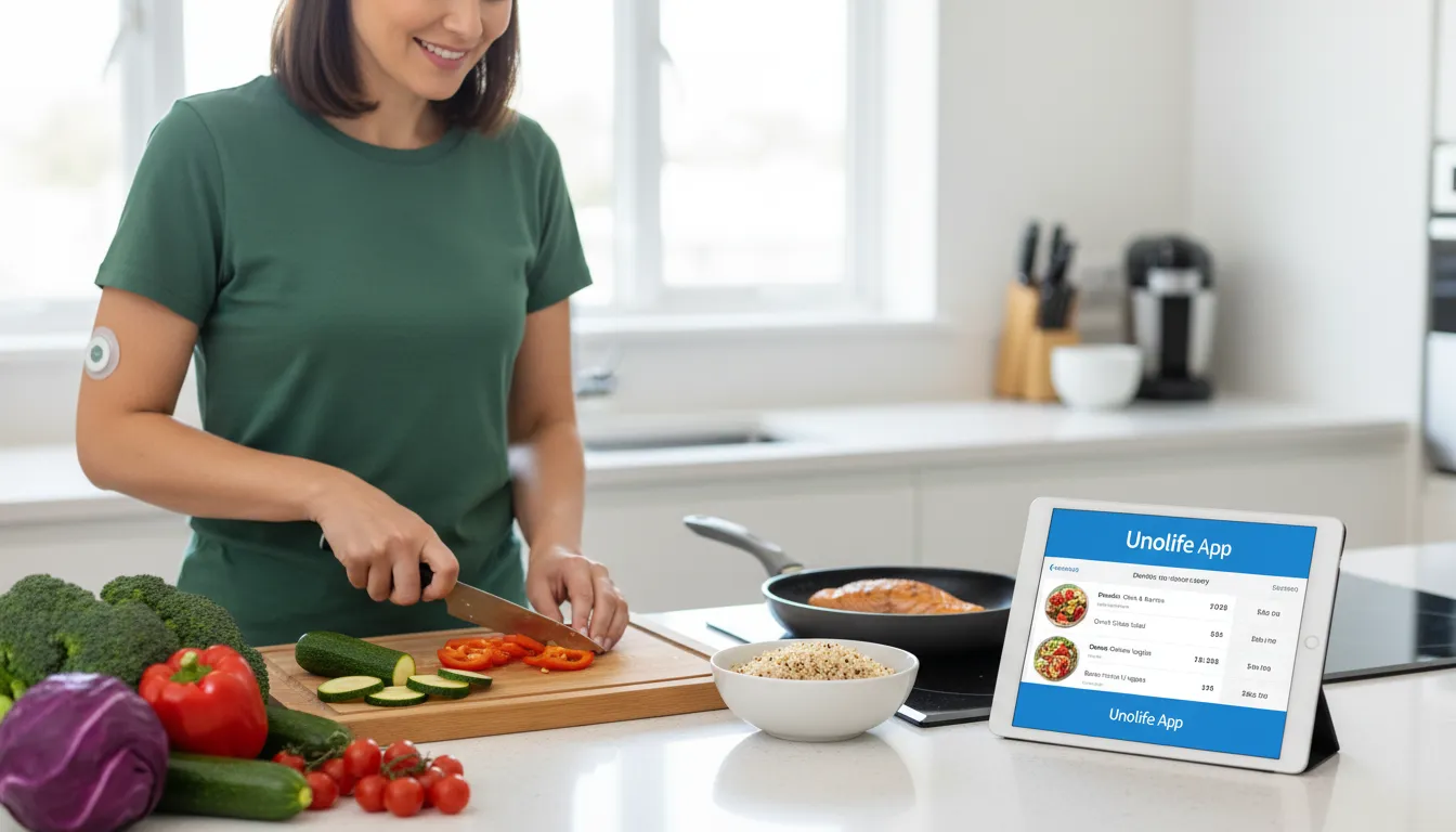 Paciente diabético preparando refeição saudável com acompanhamento nutricional online. Destaque para a importância da nutrição para diabéticos.