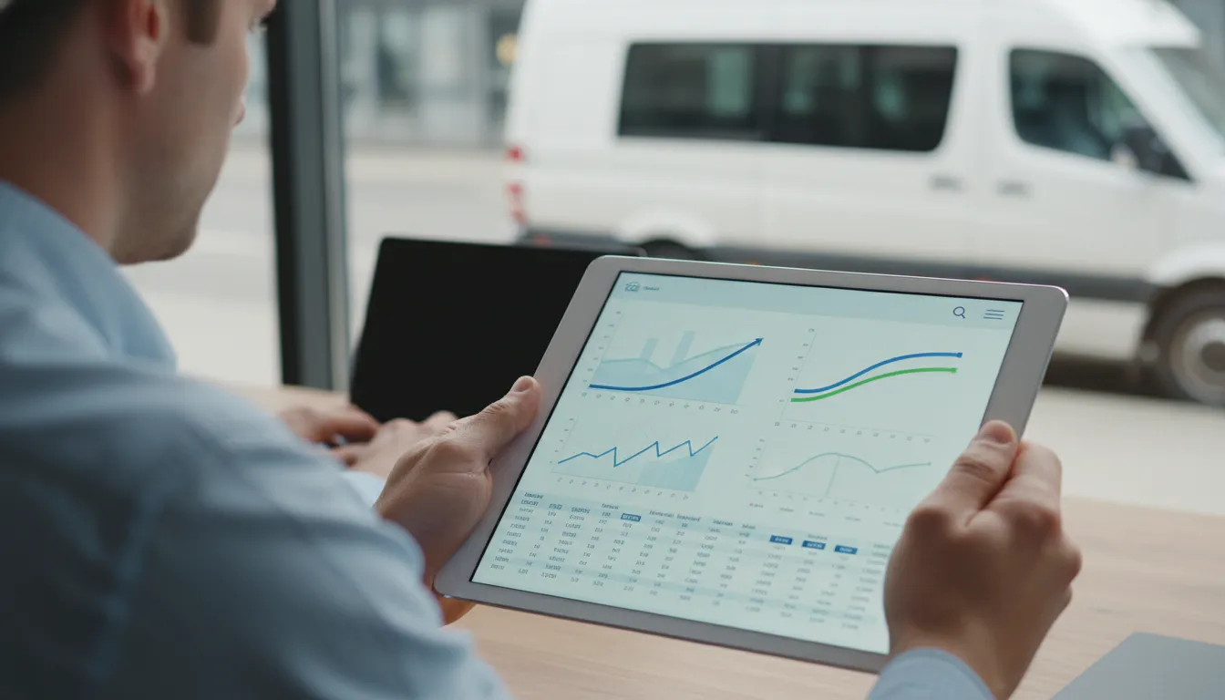 Tablet exibe plataforma financeira para refinanciamento utilitário empresa, com veículo de fundo.