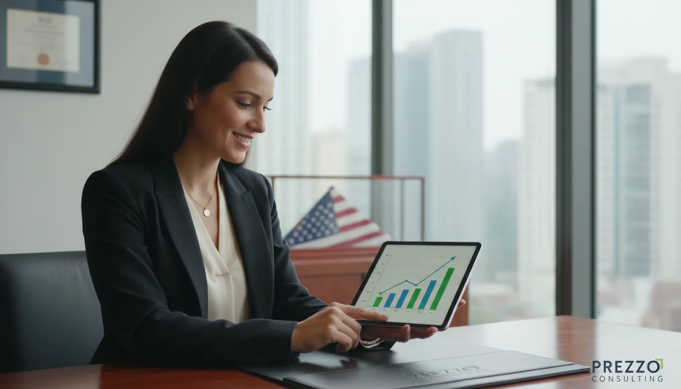 Empresária sorrindo para tablet com gráficos financeiros positivos, representando o sucesso com a Prezzo Consulting para quem precisa de contador nos EUA.