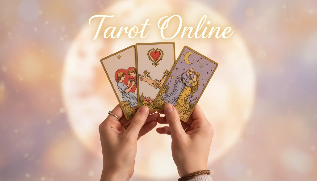 Mãos segurando cartas de tarot do amor com imagens românticas, como corações e casais, em um fundo suave e sonhador. Conecte-se com seu destino amoroso.