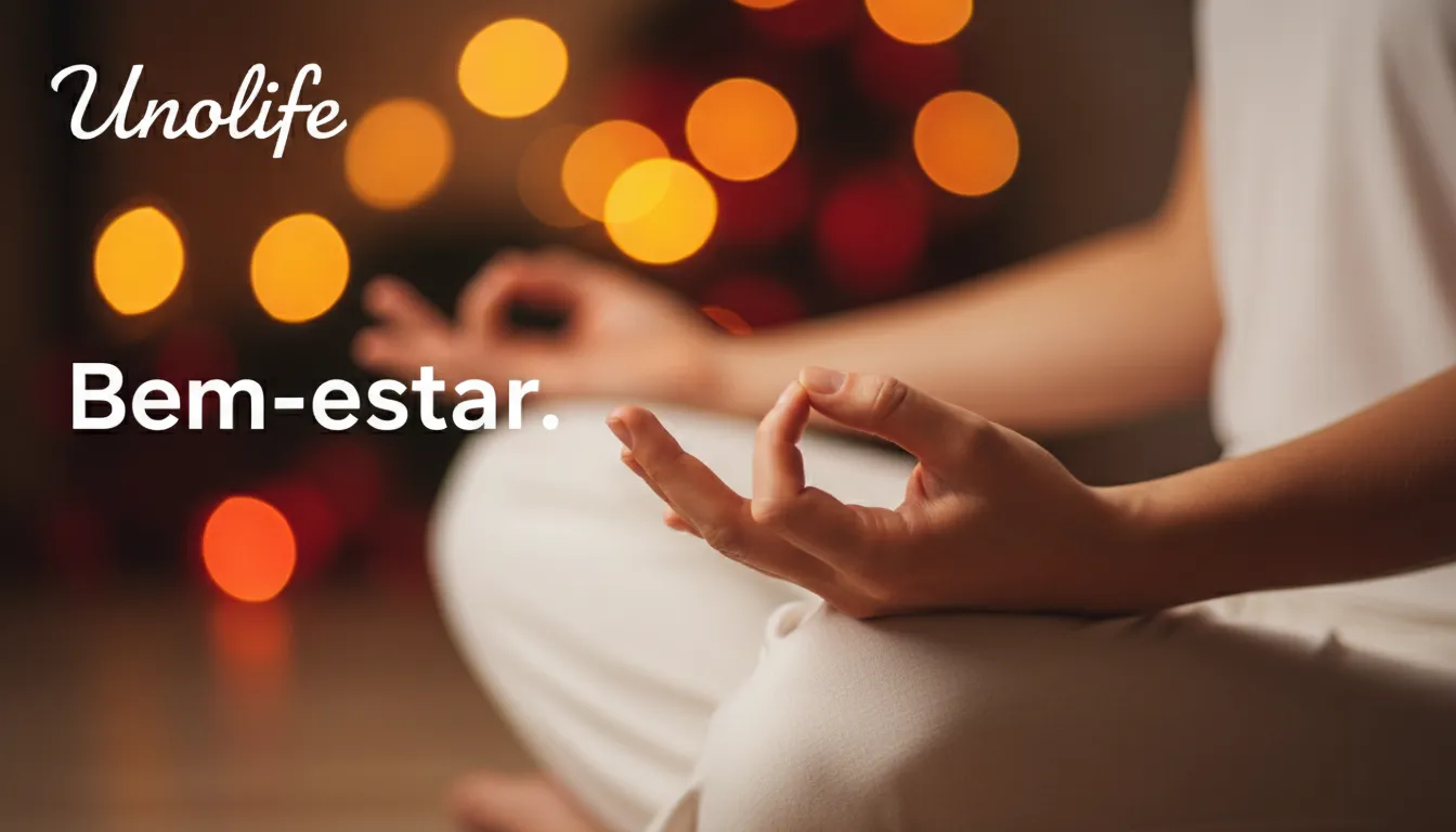 Close-up das mãos de uma mulher em pose de meditação, simbolizando bem-estar e relaxamento. Prática de meditação online com Unolife.