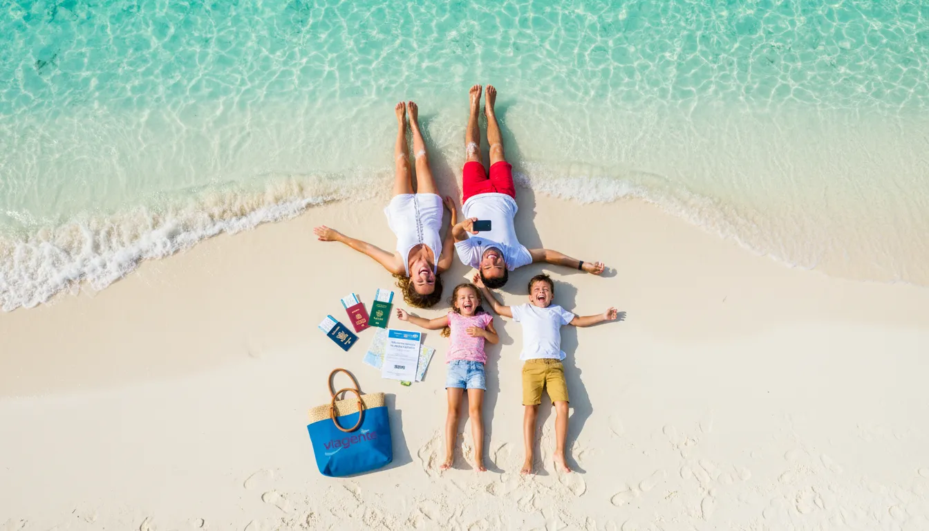 Família feliz na praia nas Maldivas, com documentos e apólice de seguro viagem internacional, garantindo tranquilidade nas férias.