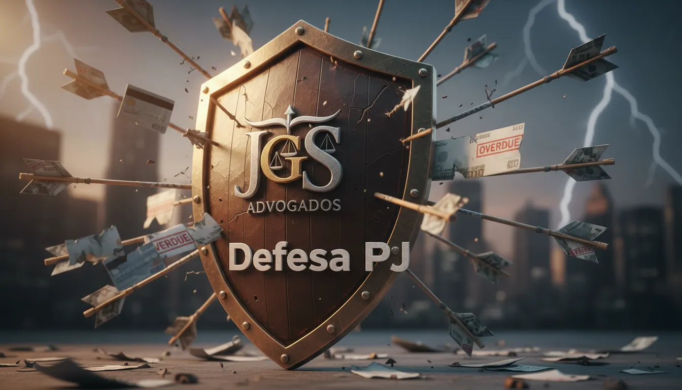 Escudo estilizado com o logo da JGS Advogados defendendo uma empresa de dívidas, simbolizando a proteção contra execução bancária de CNPJ.