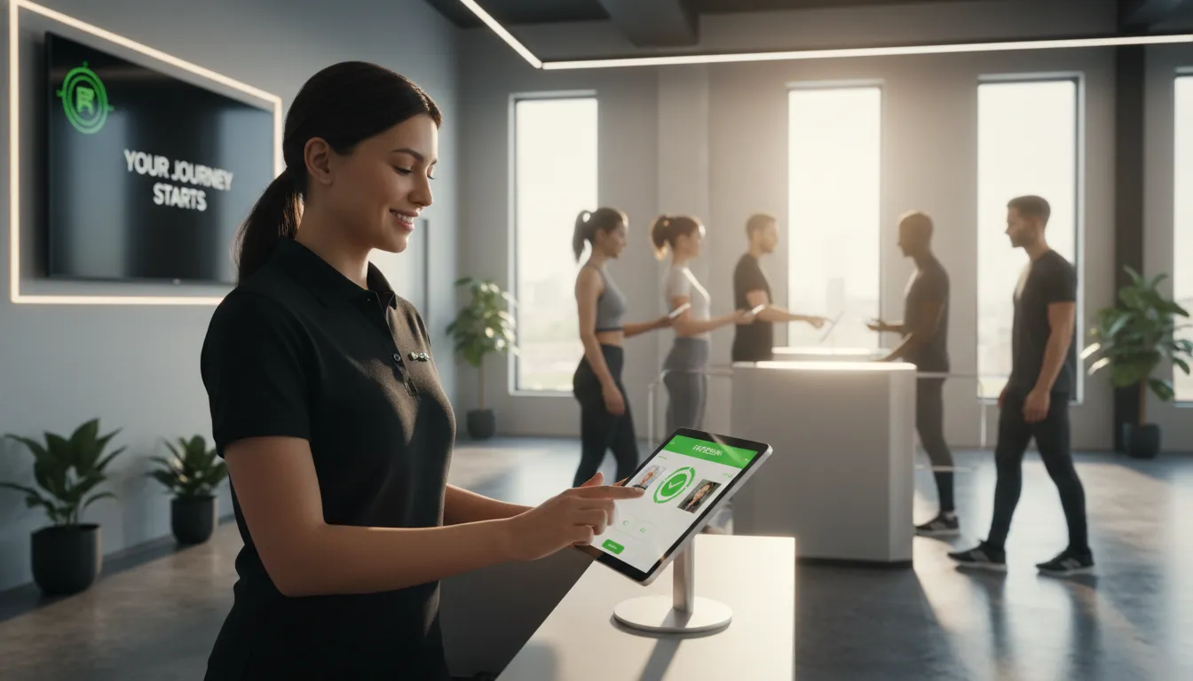 Membros fazendo check-in rápido e recepcionista eficiente com um sistema de gestão para academias moderno e intuitivo.