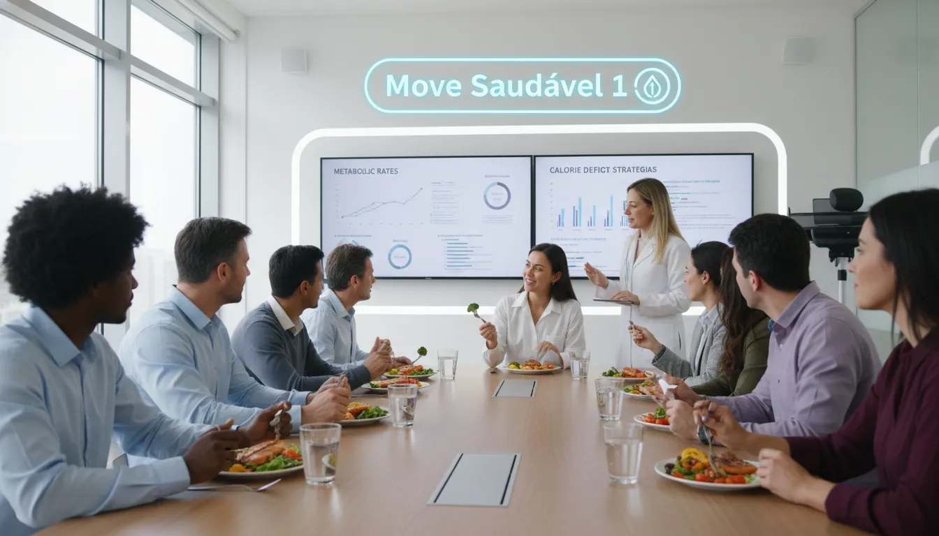 Grupo diverso discute nutrição e estratégias sobre Ficar Muitas Horas Sem Comer Emagrece? Verdades e Cuidados para a saúde.