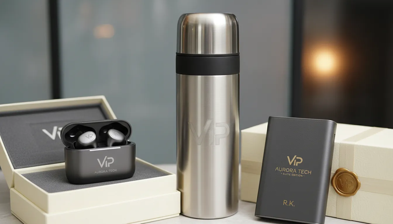 Kit tecnológico executivo de luxo, incluindo garrafa térmica e fones premium, com gravação personalizada e embalagem sofisticada.