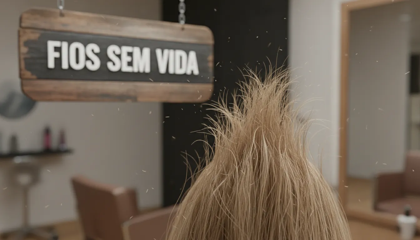 Close-up de um cabelo opaco e sem vida, revelando a textura ressecada e a falta de brilho que A Cabeleira Dela pode ajudar a transformar.
