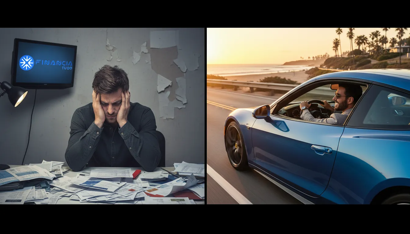 Contraste entre dívidas e carro novo: planejamento financeiro aumenta o poder de compra do veículo.