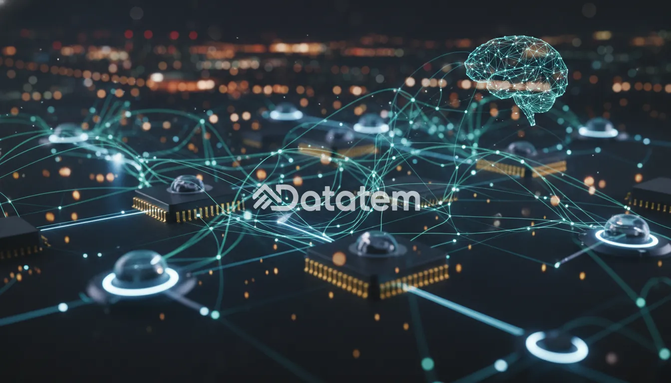 Rede de dispositivos IoT conectados, inteligência artificial distribuída processando dados em tempo real.