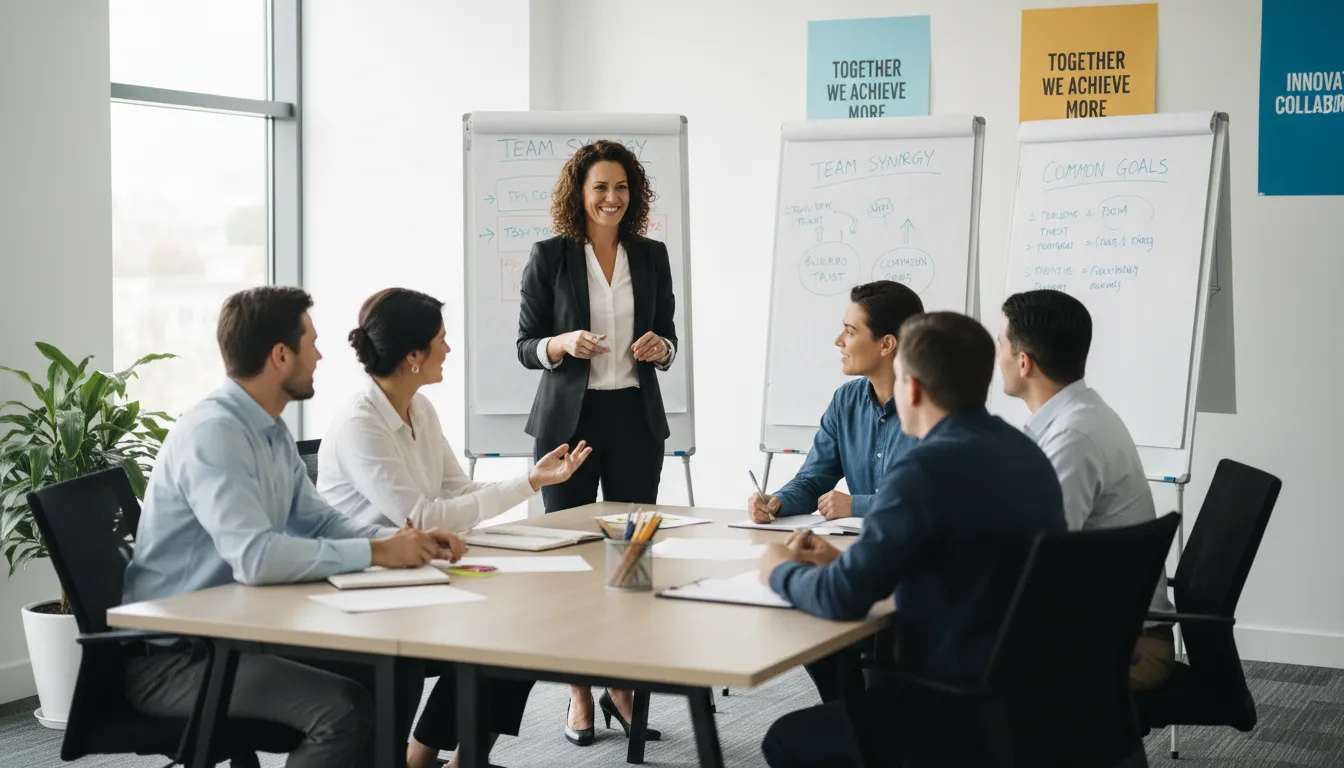 Profissional de RH conduz workshop de integração motivacional com equipe no retorno das férias.