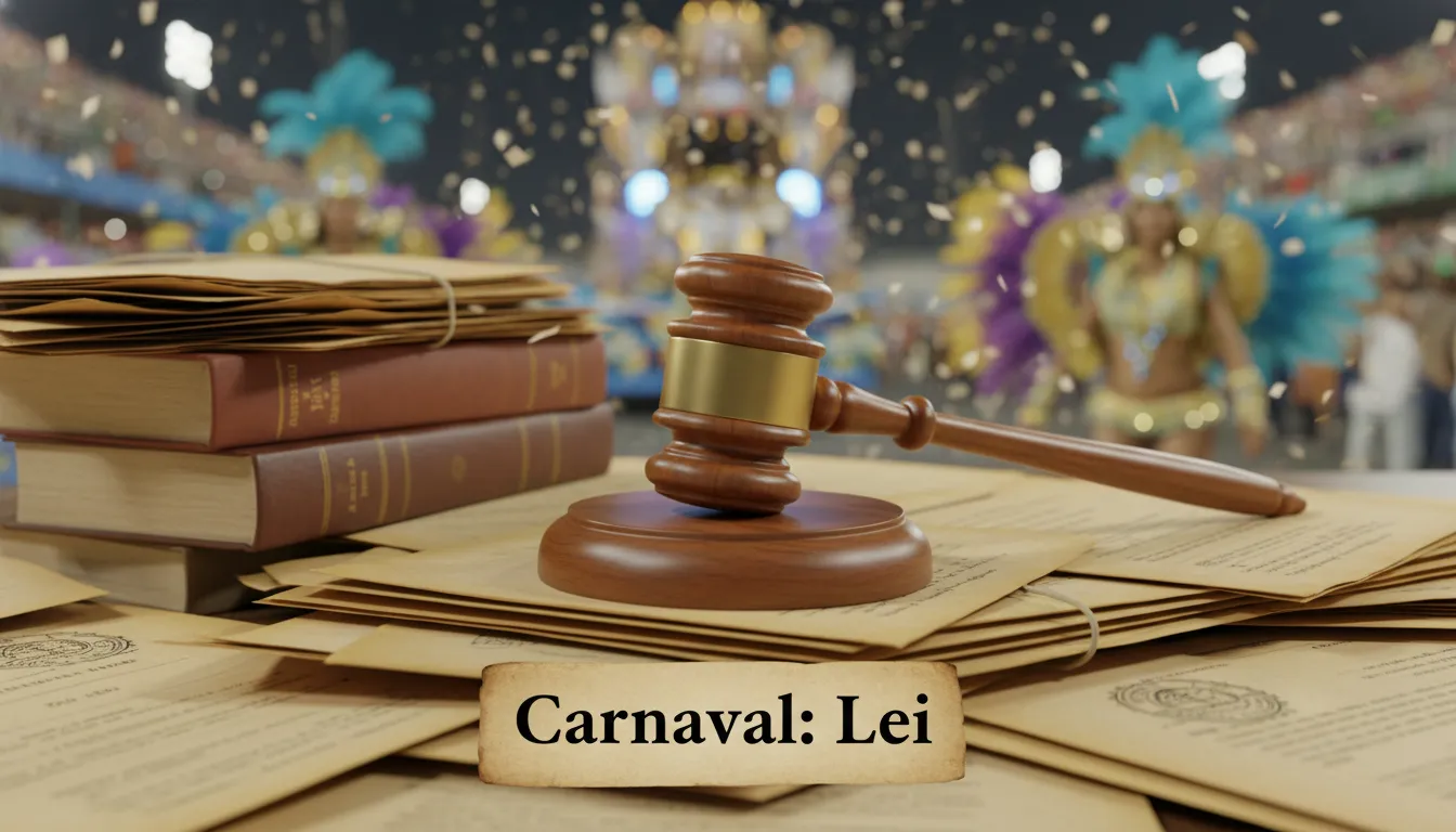 Um martelo de juiz sobre documentos legais, contrastando com a folia do carnaval ao fundo. Representa a legislação sobre se carnaval é feriado ou ponto facultativo.