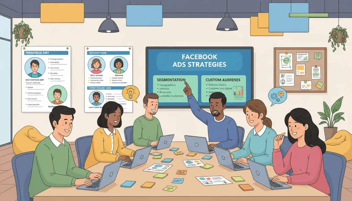 Equipe analisando personas e estratégias de segmentação em ambiente criativo de marketing