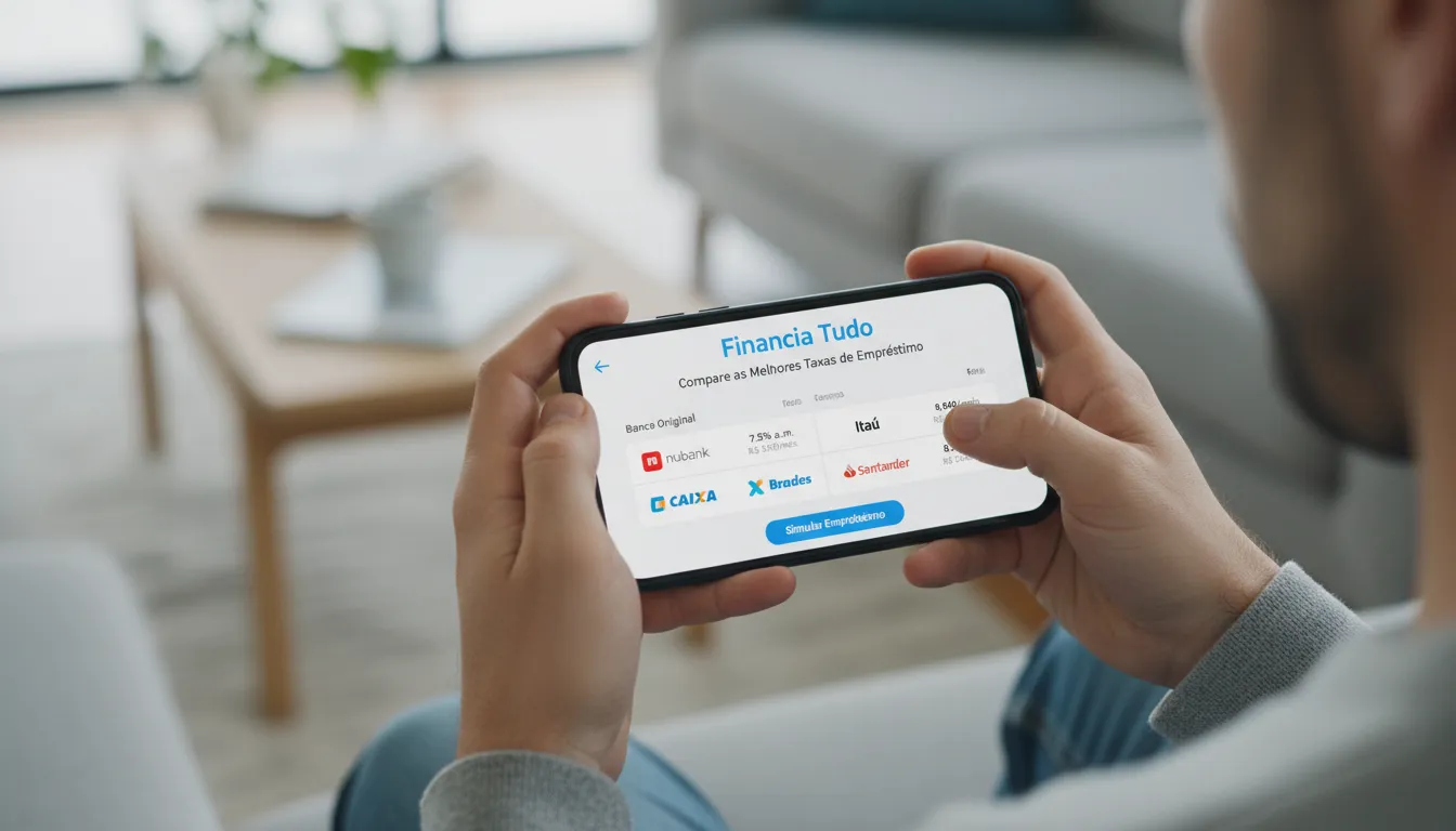 Uma pessoa usa o aplicativo Financia Tudo para comparar taxas de empréstimo. A imagem enfatiza a facilidade de uso da plataforma para encontrar o melhor banco para empréstimo.