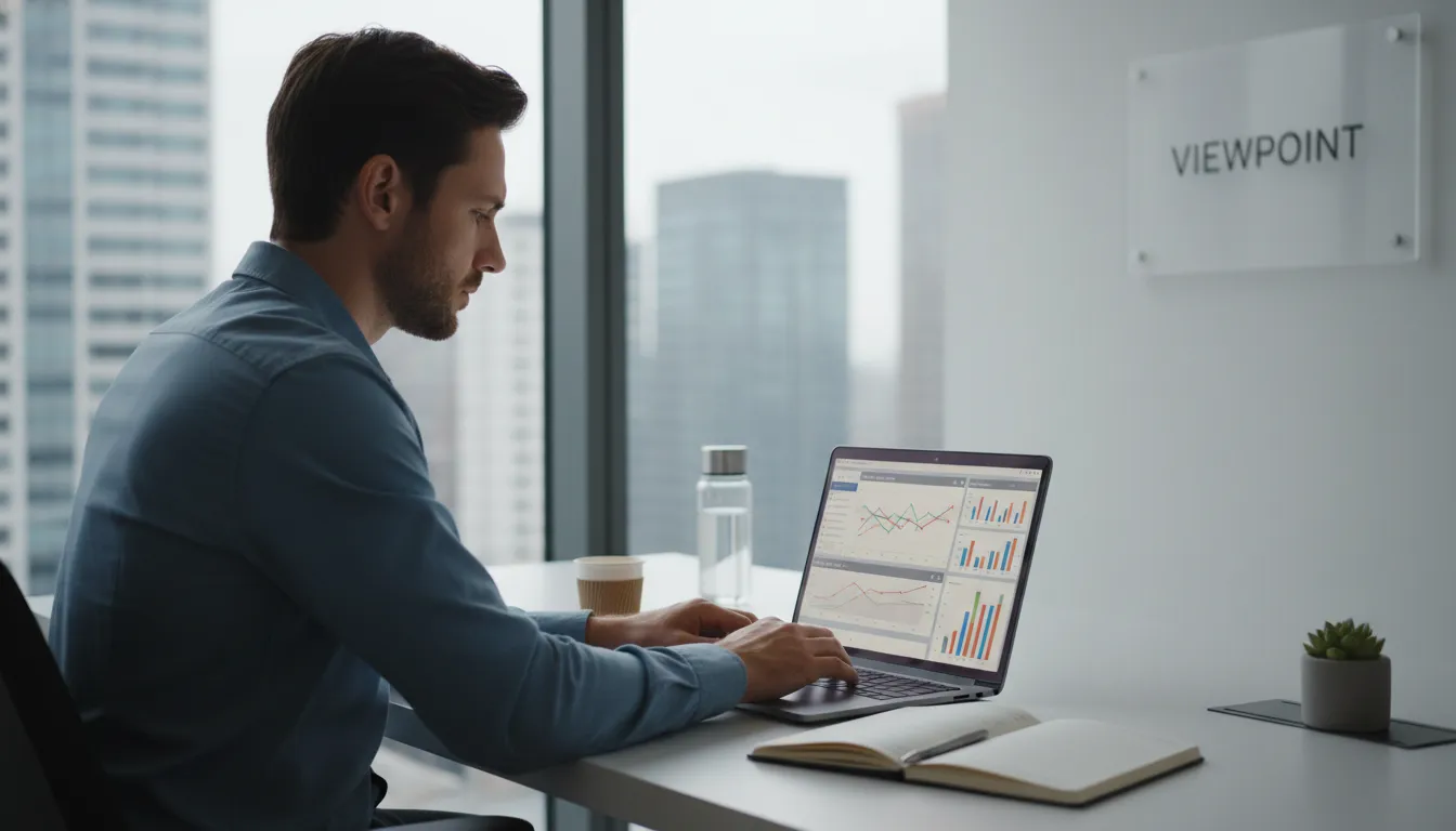 Profissional de marketing wellness analisando dados e gráficos de vendas no notebook