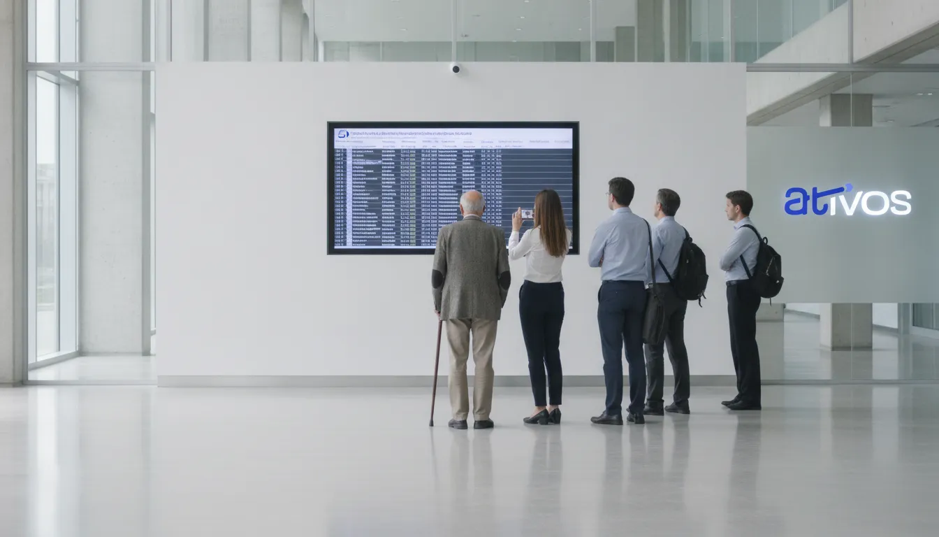 Pessoas observam atentamente um painel digital exibindo a ordem cronológica de precatório em fila de pagamento.