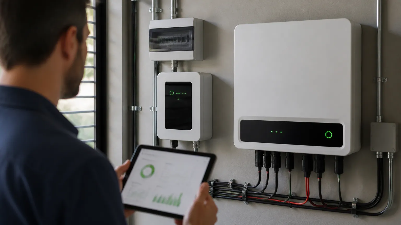 Equipamento inversor e monitoramento via crédito para energia solar em condomínios modernos.