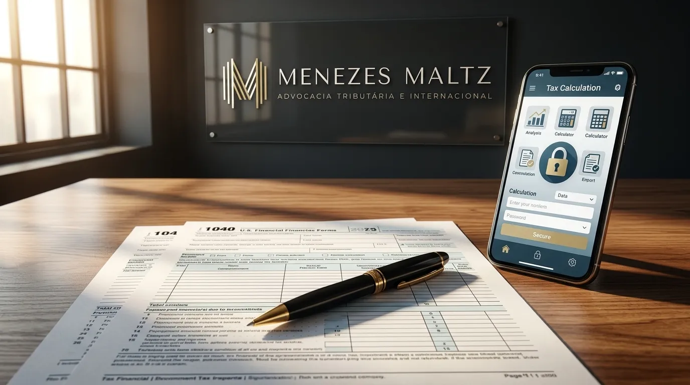Documentos fiscais e caneta organizados para declarar bens no exterior de maneira legal e sem riscos.