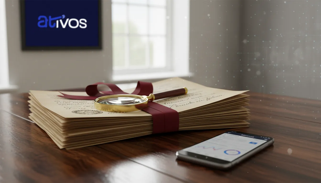 Documentos antigos e smartphone com app financeiro, simbolizando segurança no precatório federal 2025.