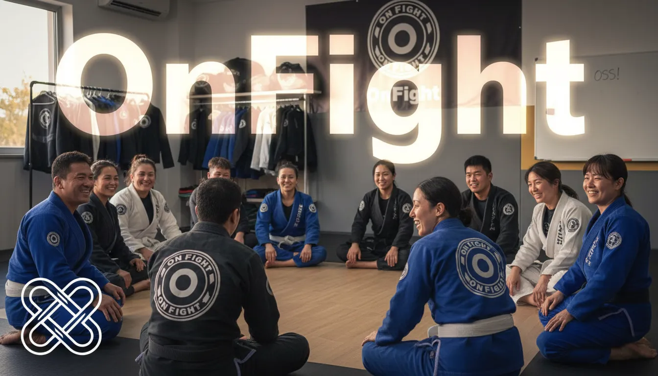 Grupo diverso de atletas de bjj jiu-jitsu confraternizando e alongando-se após um treino, mostrando união e espírito de equipe.