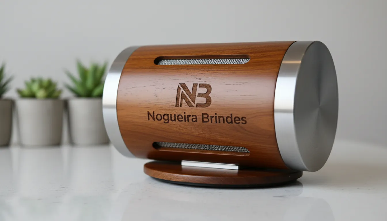 Close-up que destaca o design e a qualidade de uma caixa de som personalizada da Nogueira Brindes, perfeita para brindes corporativos.