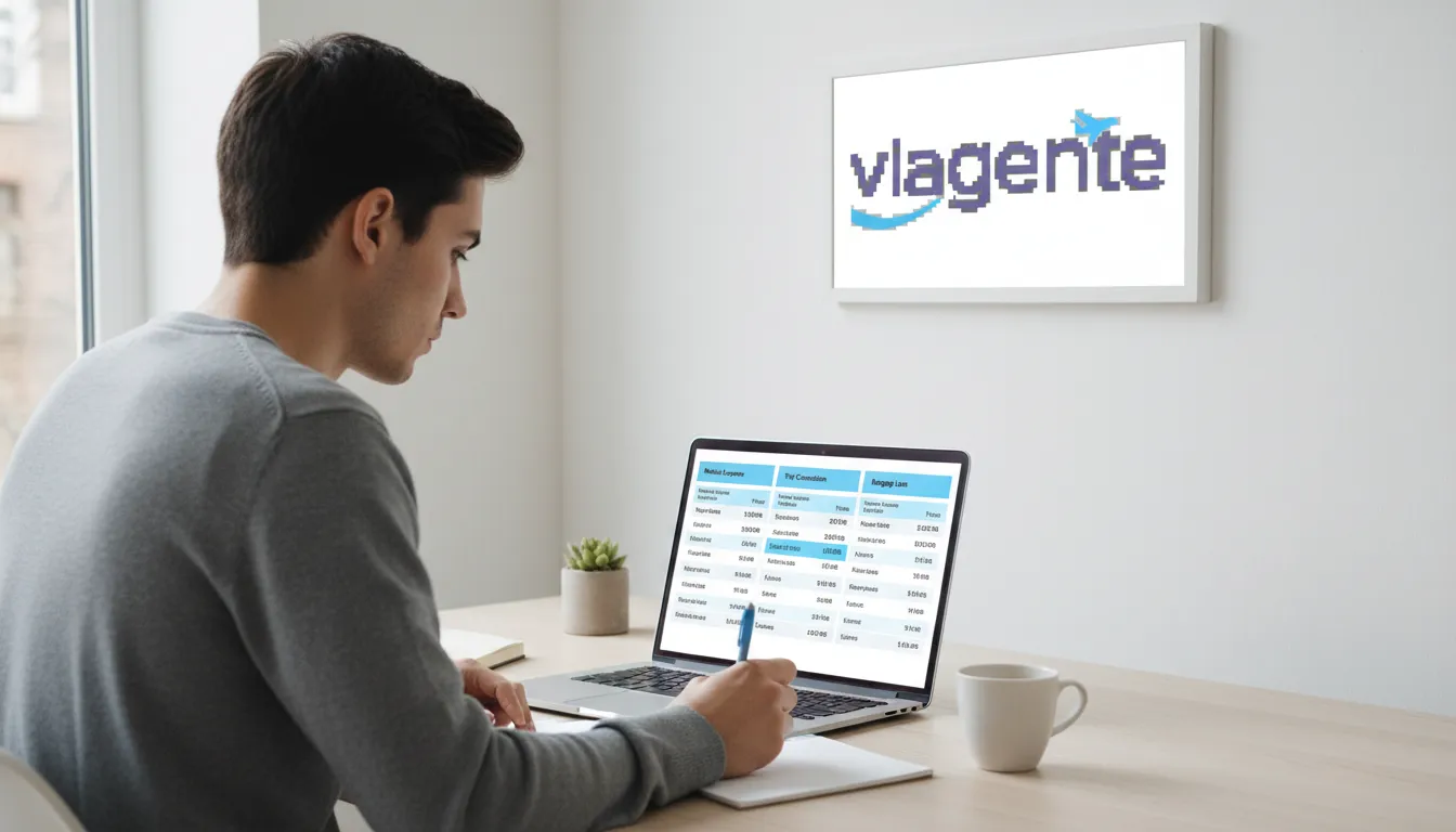 Pessoa comparando online opções de cotação seguro viagem, analisando coberturas e preços no laptop.