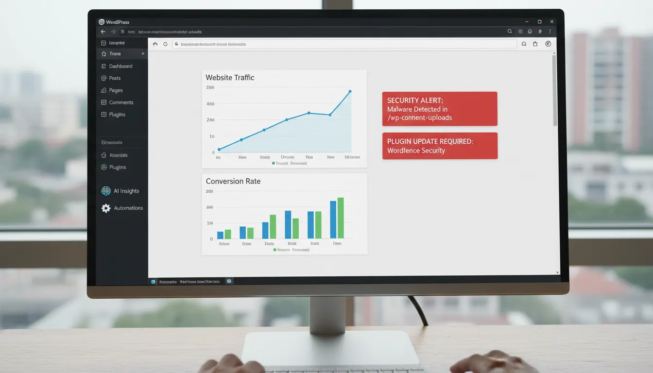 WordPress 2026: As Novidades e Como Aproveitar 2 Dashboard WordPress exibindo métricas de performance, segurança e automação com IA