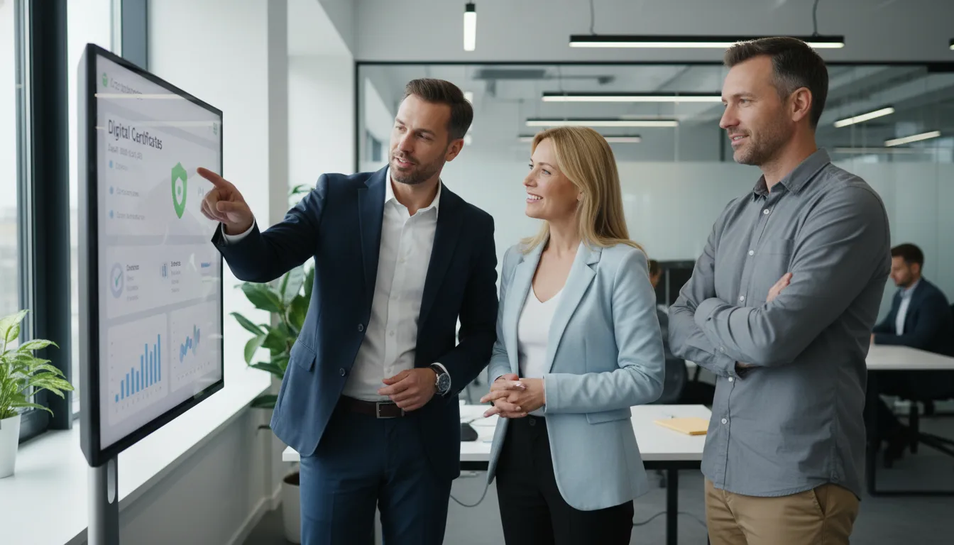 Equipe colabora em tela digital, gerenciando e guardando certificado digital com segurança e controle em ambiente moderno.