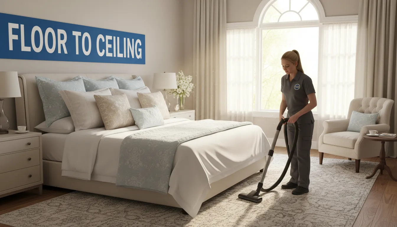 A freshly vacuumed bedroom with a neatly made bed. Shows the comfort and cleanliness provided by Floor to Ceiling Cleaning Services after house cleaning.