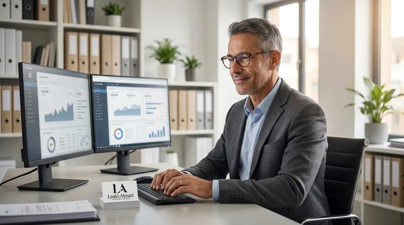 Contador experiente analisando métricas financeiras em escritório contábil de confiança.