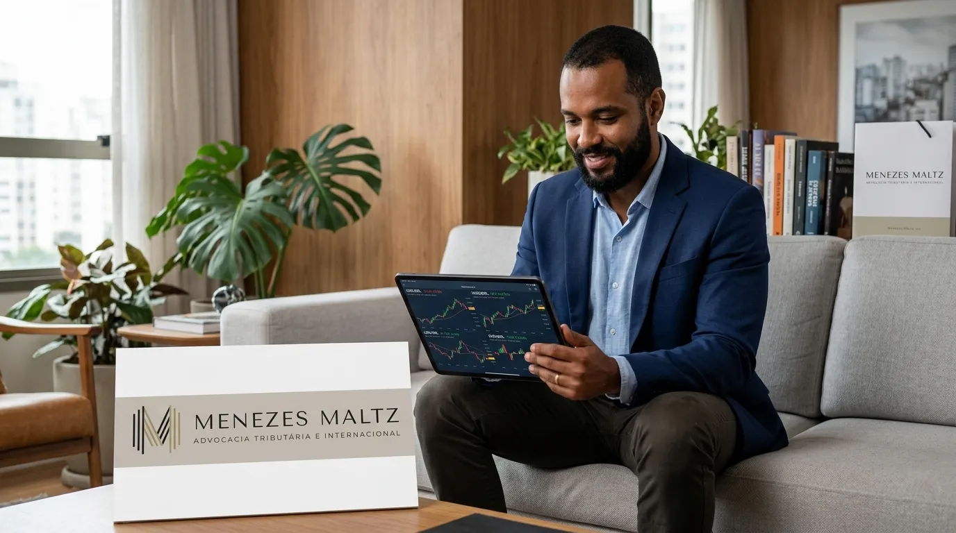 Homem em casa usando tablet para calcular imposto de renda exterior de investimentos.
