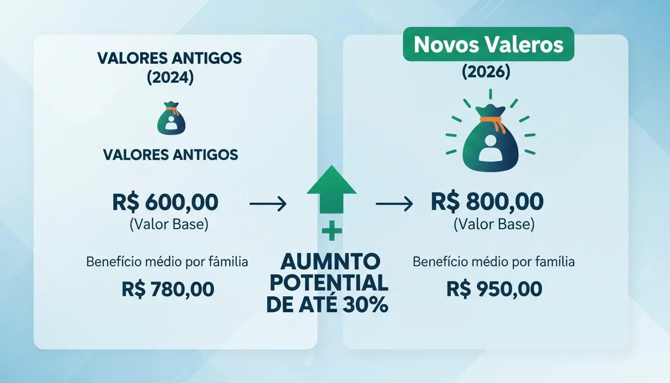 Infográfico comparando os valores antigos e novos do Bolsa Família para 2026, informando sobre o possível aumento do bolsa família valor.