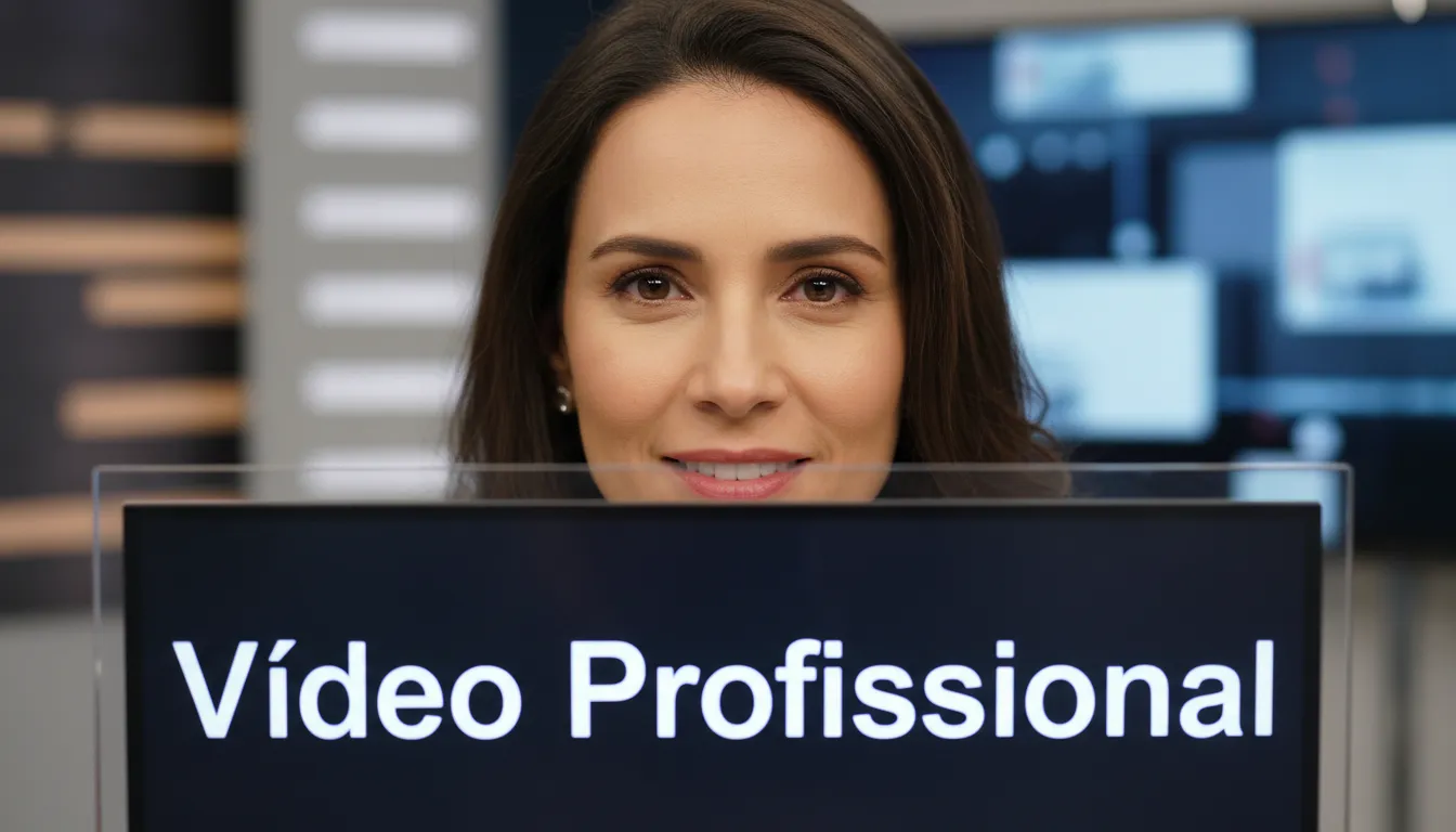 Close-up de uma pessoa olhando para um teleprompter, transmitindo contato visual e naturalidade durante a gravação de um vídeo.