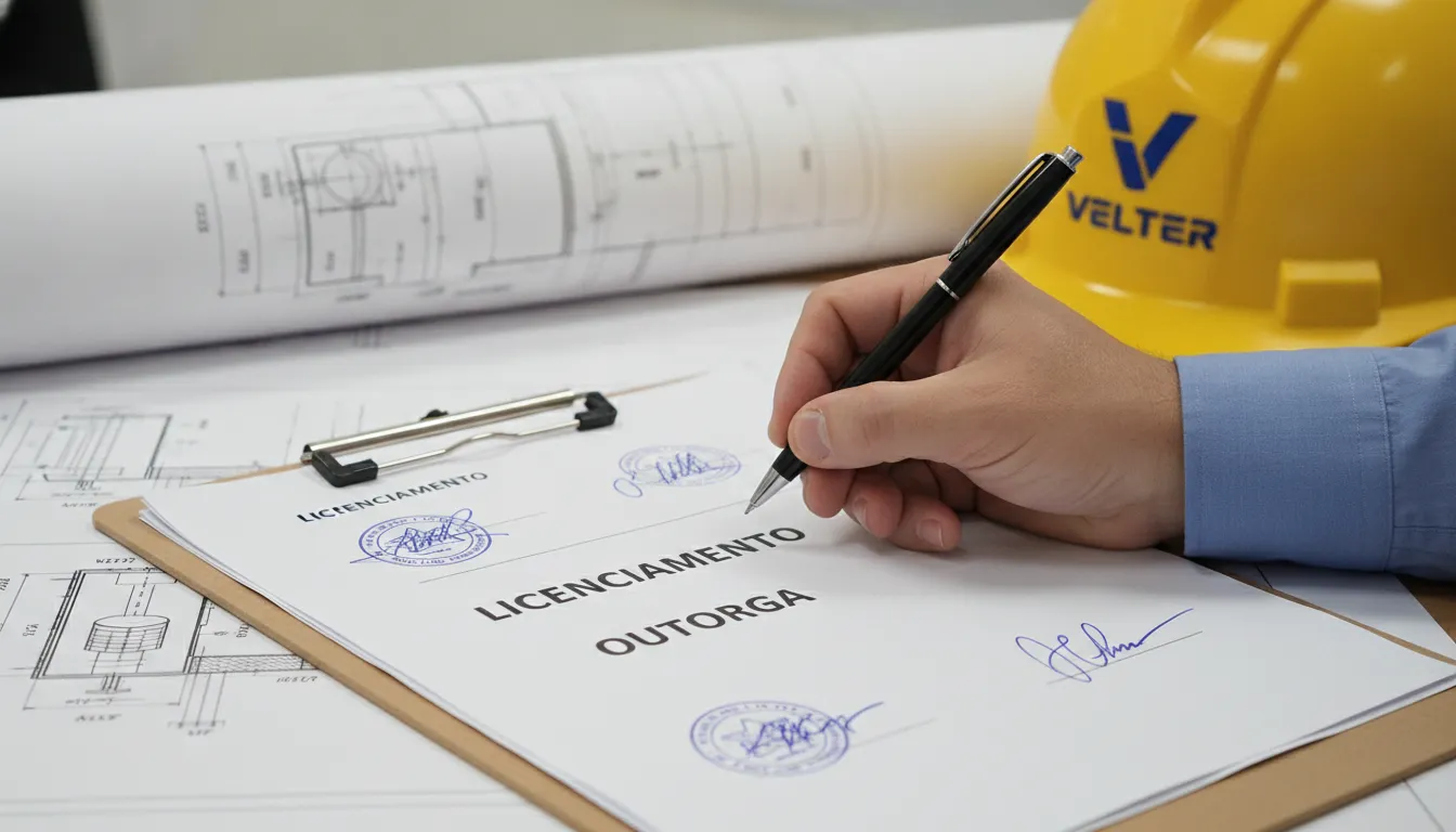 Documentos de outorga e licenciamento para poço artesiano industrial, com caneta e capacete Veltter.