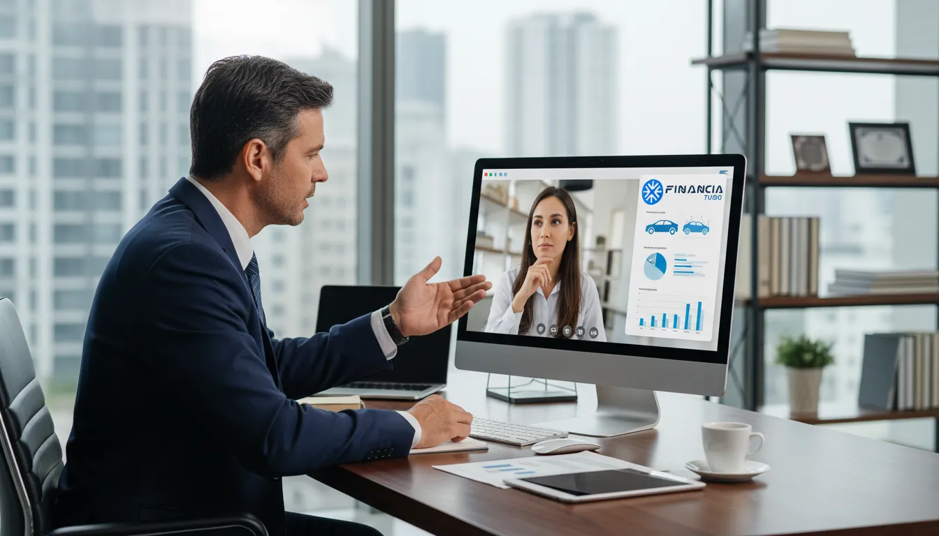 Consultor financeiro explica análise de crédito para financiamento de veículos em videochamada com cliente.