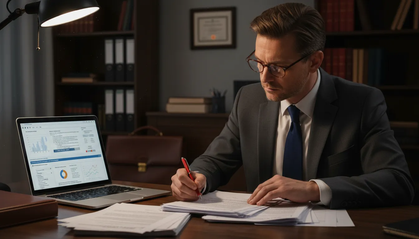 Advogado em Carapicuíba analisa documentos de processo contra plano de saúde com atenção e rigor.