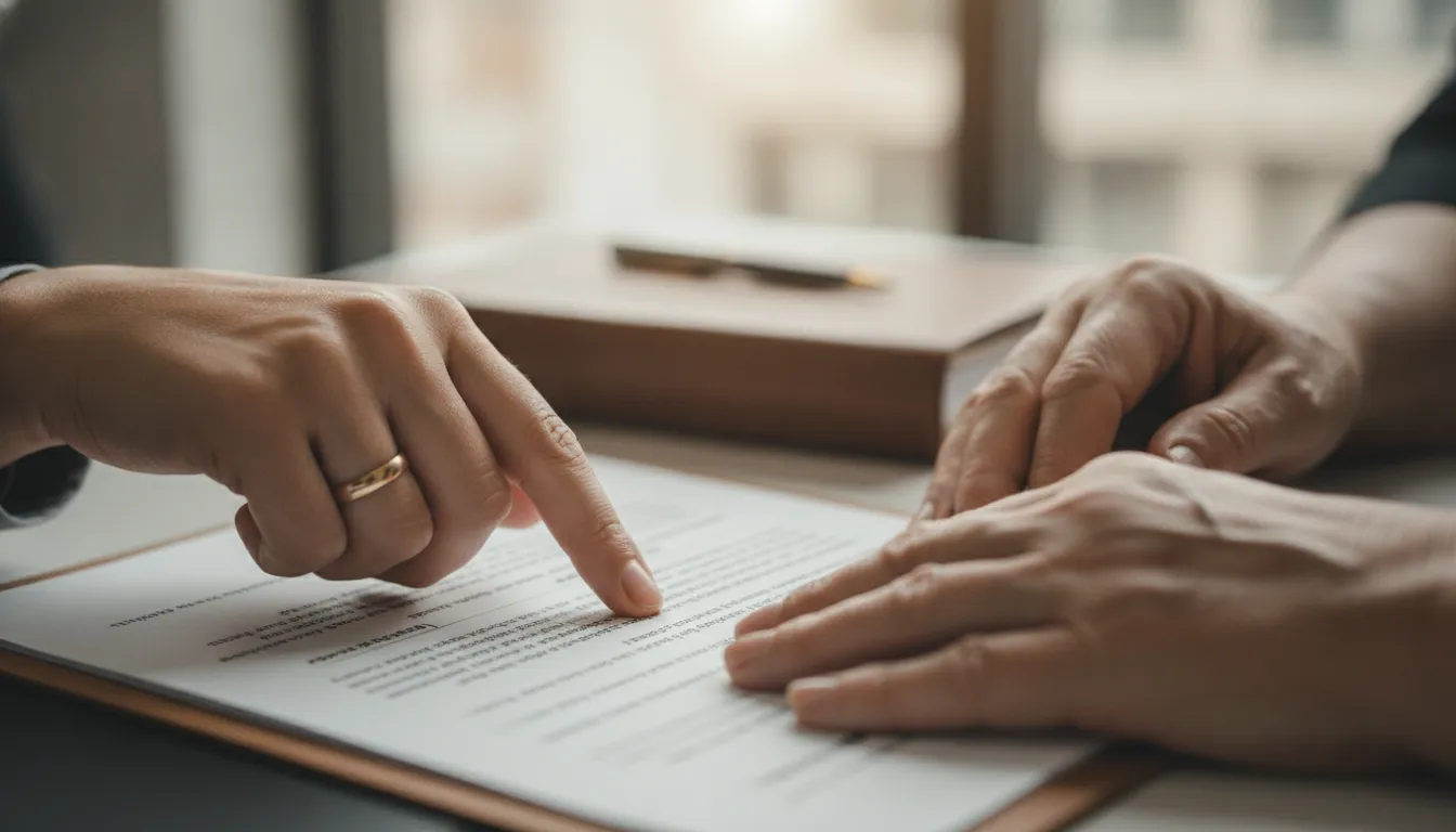 Advogado em Corupá: mãos de advogado e cliente sobre documento. Ação contra plano de saúde, defesa de direitos.