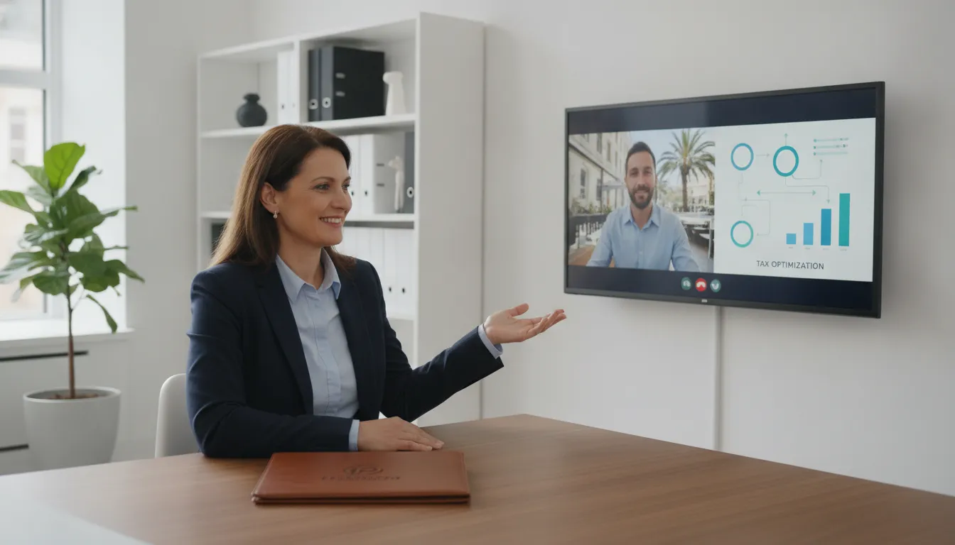 Consultor Prezzo Consulting em videochamada, explicando estratégias para enviar dinero a Estados Unidos, com clareza e confiança.