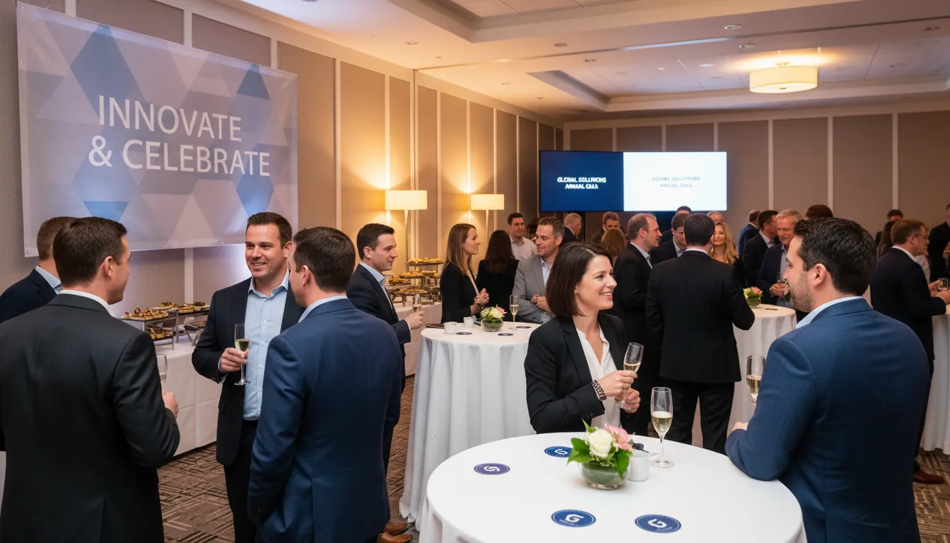 Profissionais interagindo com respeito e leveza em festa de empresa com decoração sóbria.