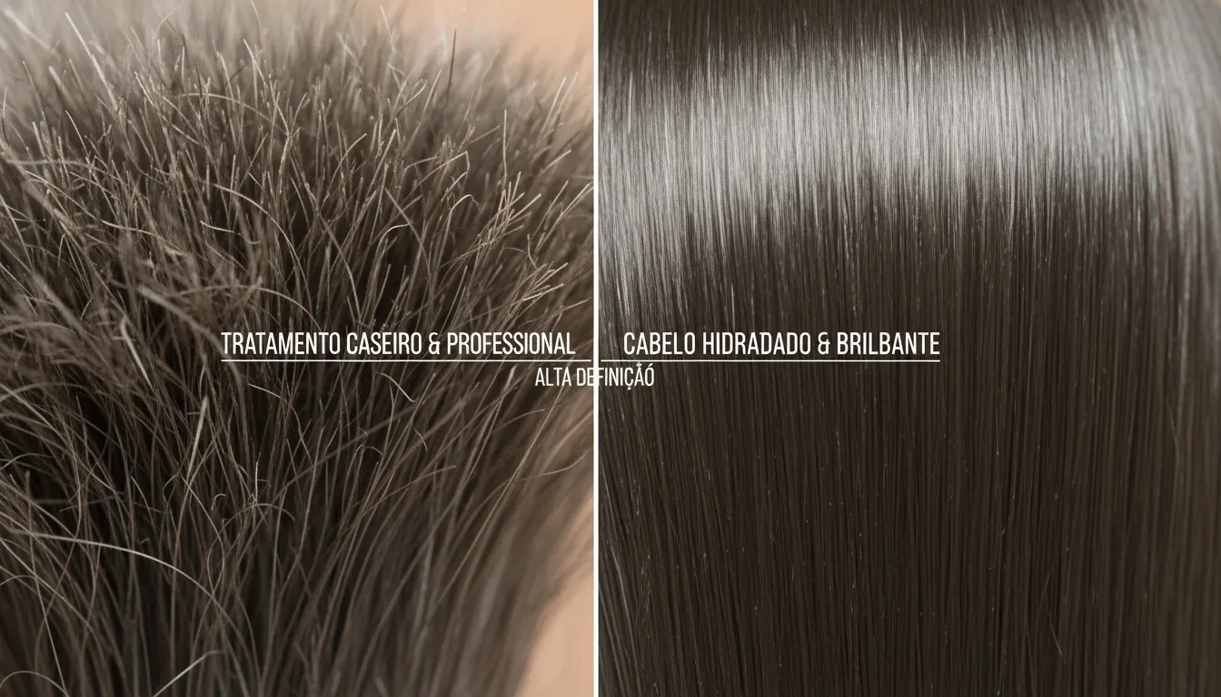Comparativo entre cabelo ressecado e hidratado em detalhes, mostrando diferença de saúde e brilho dos fios.