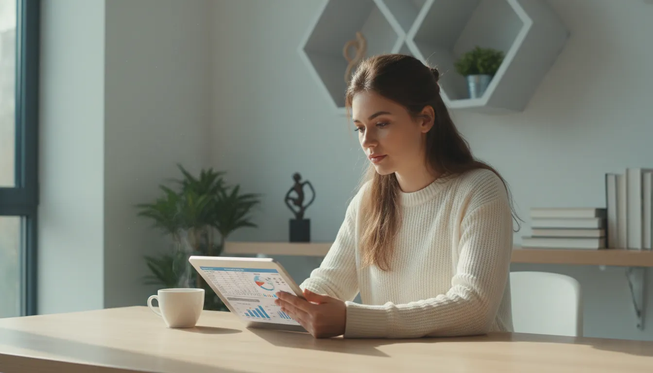 Mulher analisando gráficos financeiros em ambiente minimalista e moderno, com foco em organização e simplicidade.